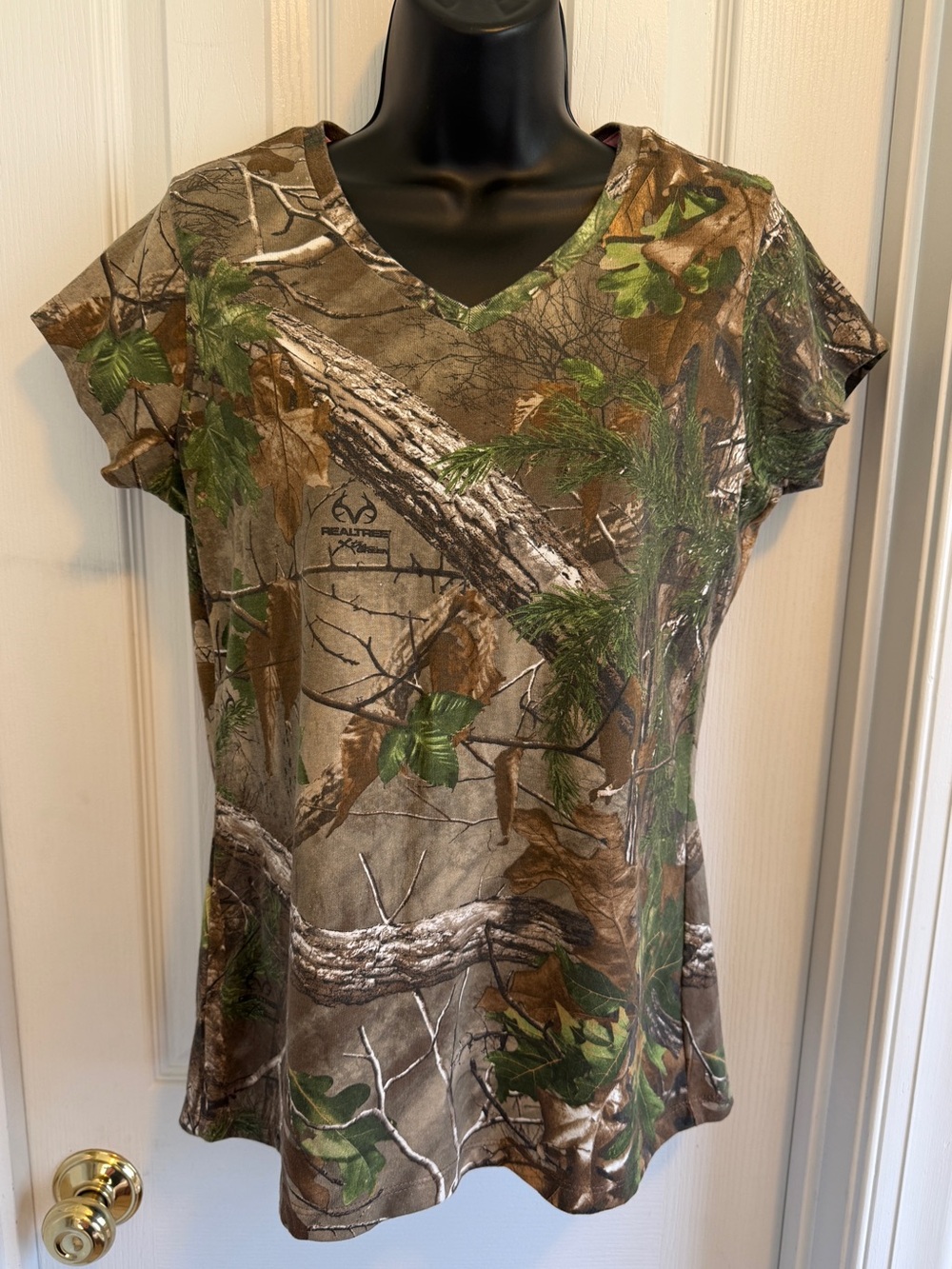 Realtree Women's Short Sleeve V-Neck Camo Tee in Brown and Green